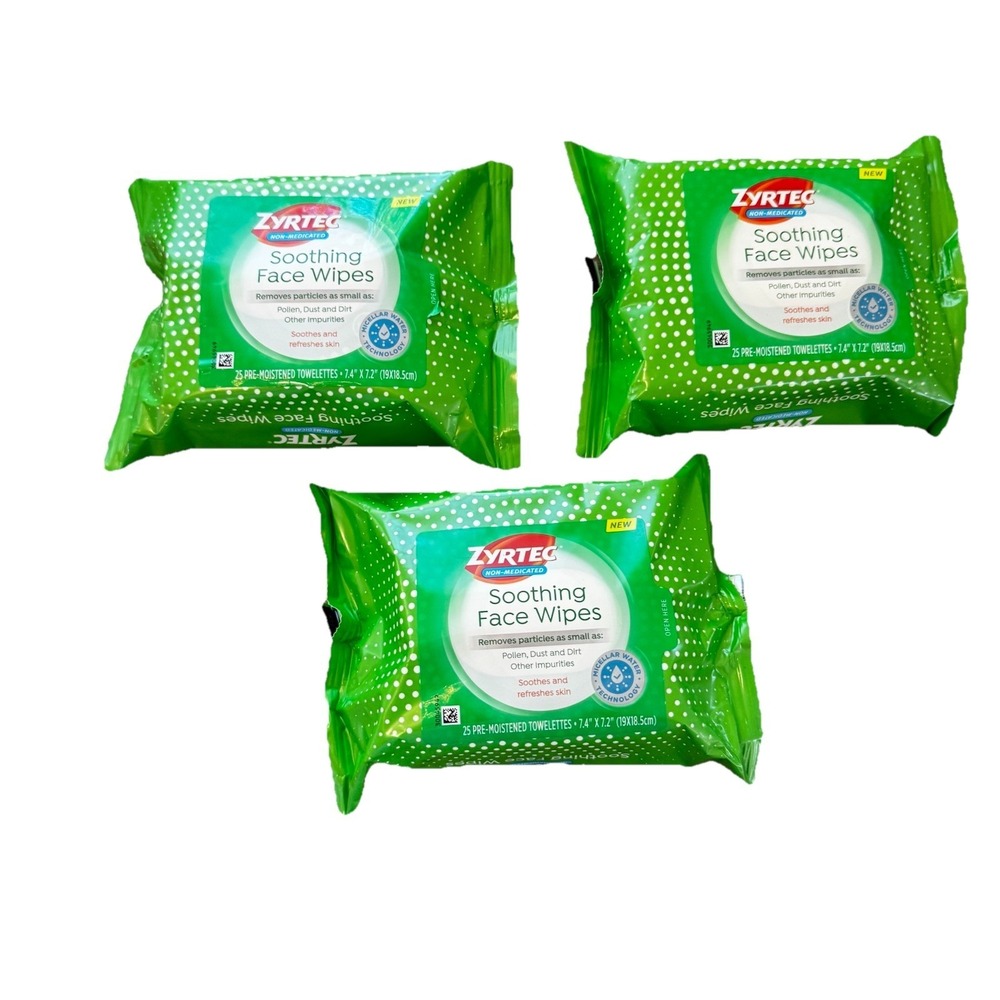Zyrtec Soothing Non-Medicated Face Wipes 25 Count X3  (75 Total) New SHIPS FREE